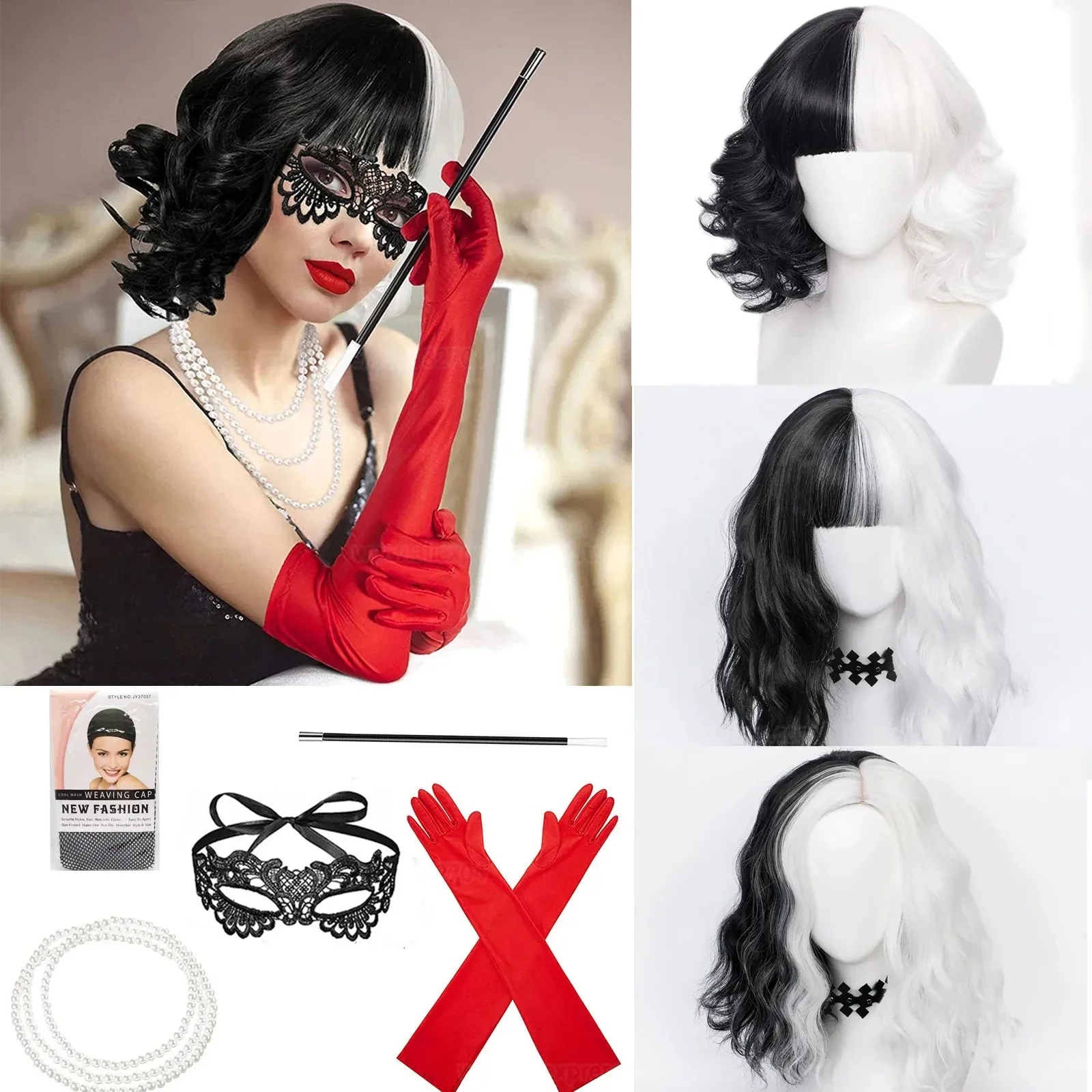 Heat Resistant Glove - Anime Cosplay Peruca Adereços, Cruella De